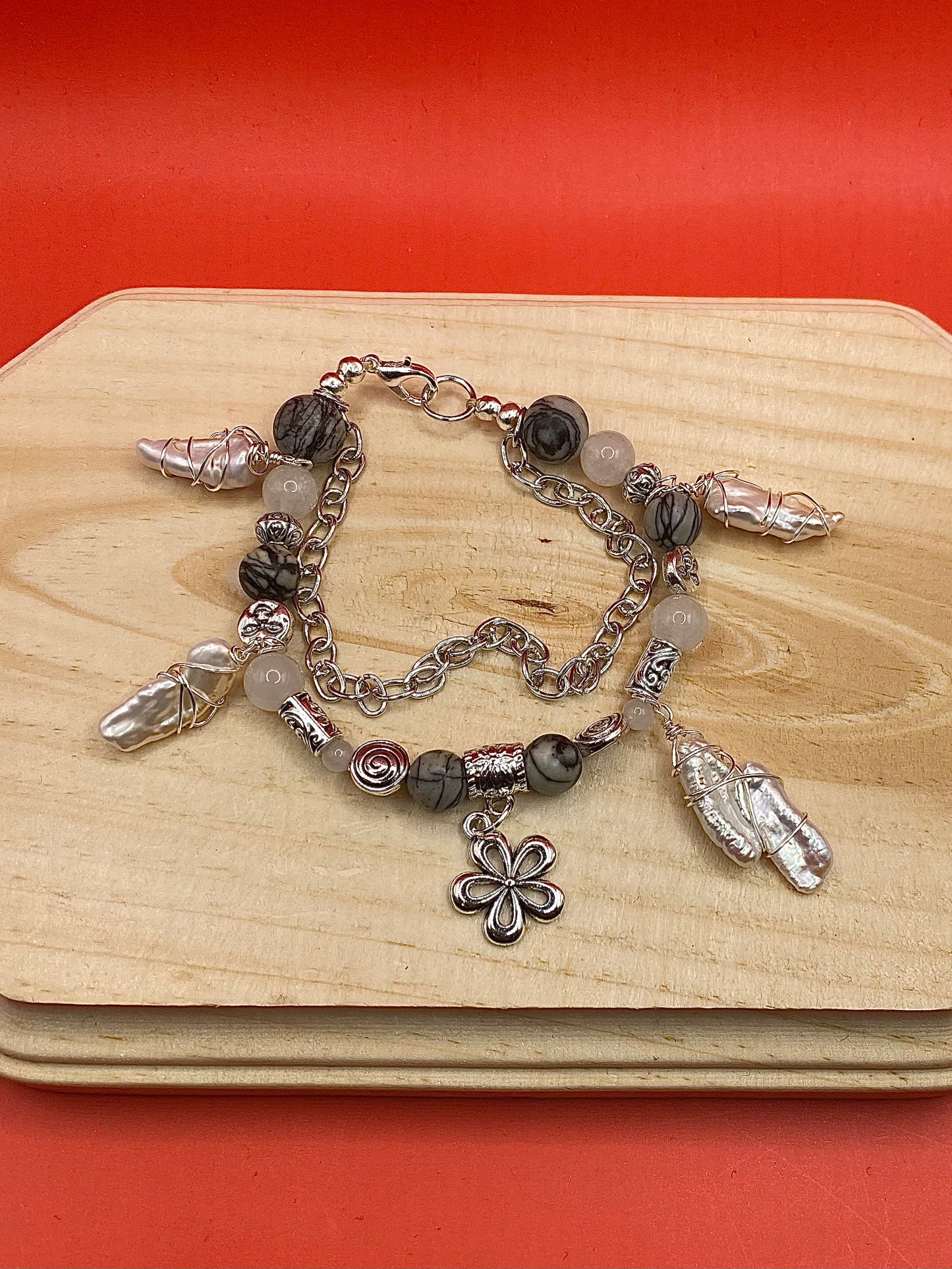 Black & White Flower w/ freshwater pearls