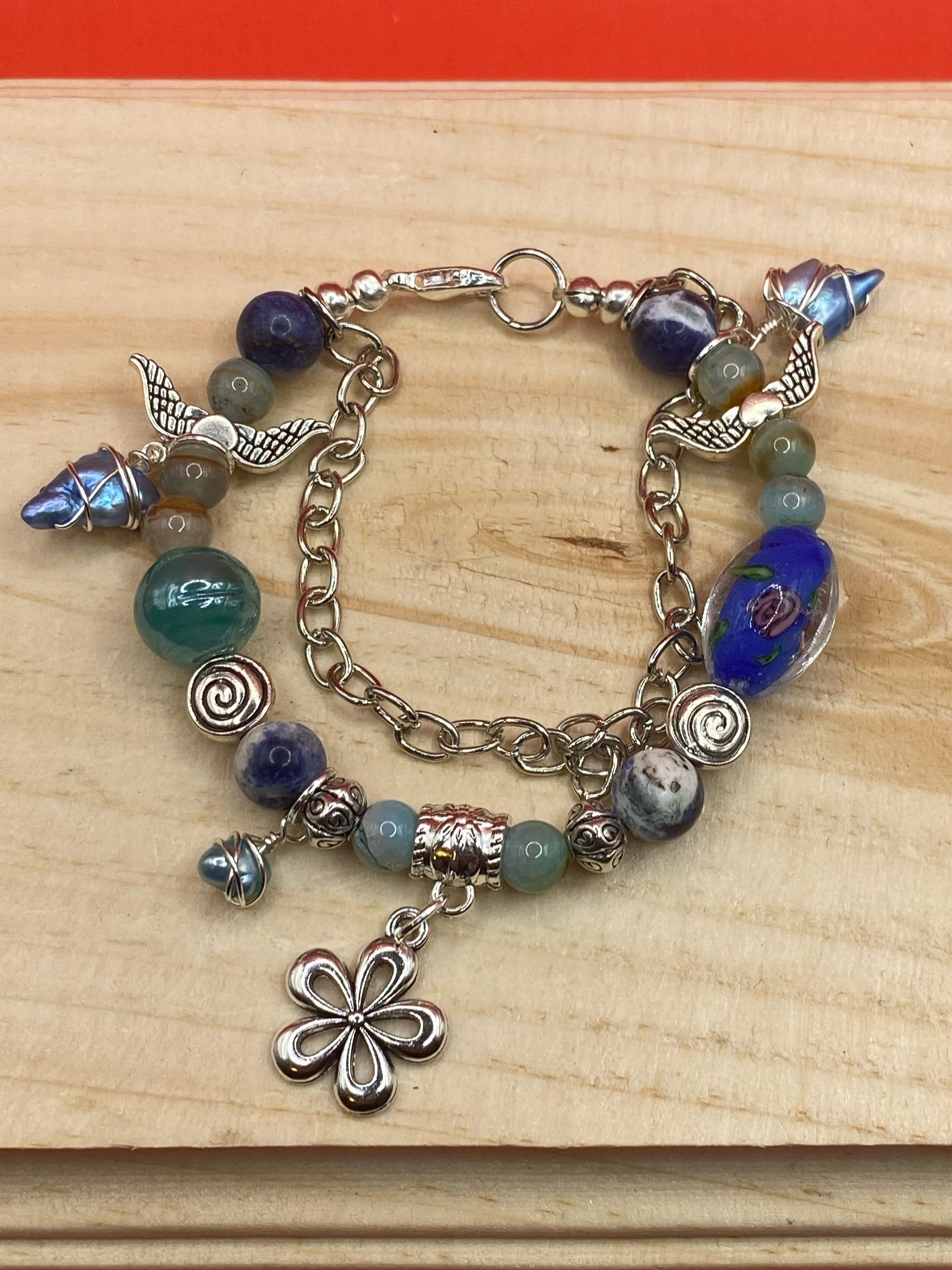 Blue Flower W/Freshwater Pearls