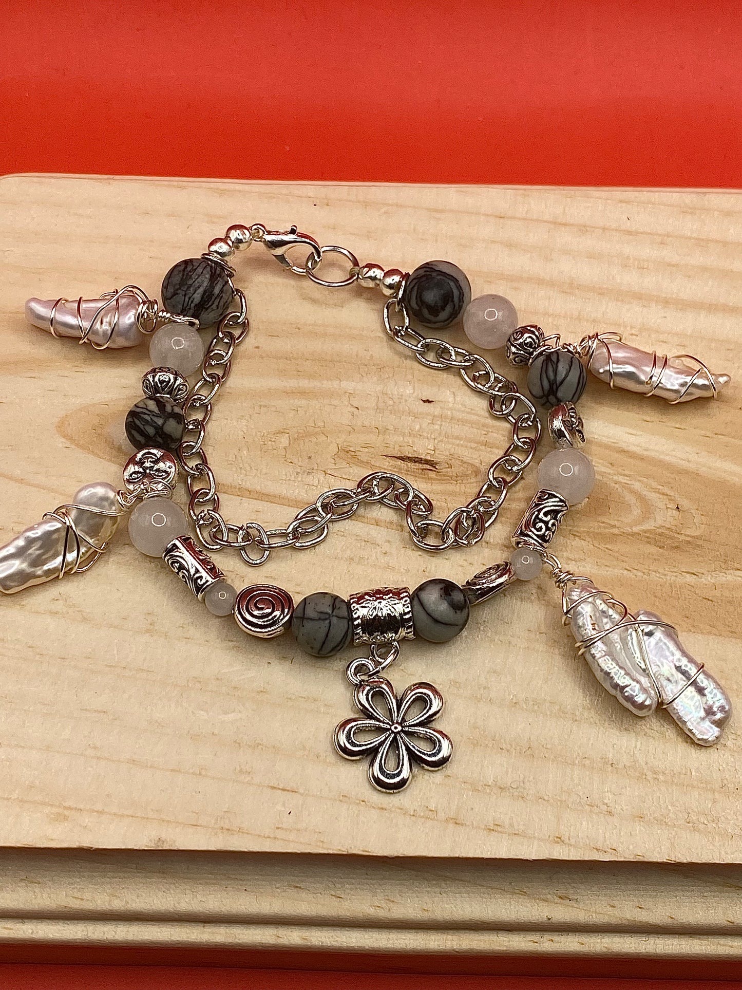 Black & White Flower w/ freshwater pearls