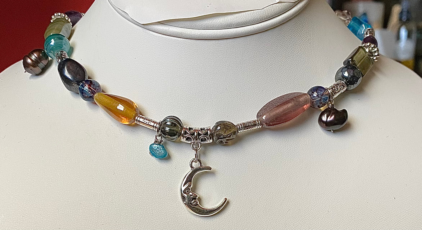Moon Choker W/ Dangle Freshwater Pearls