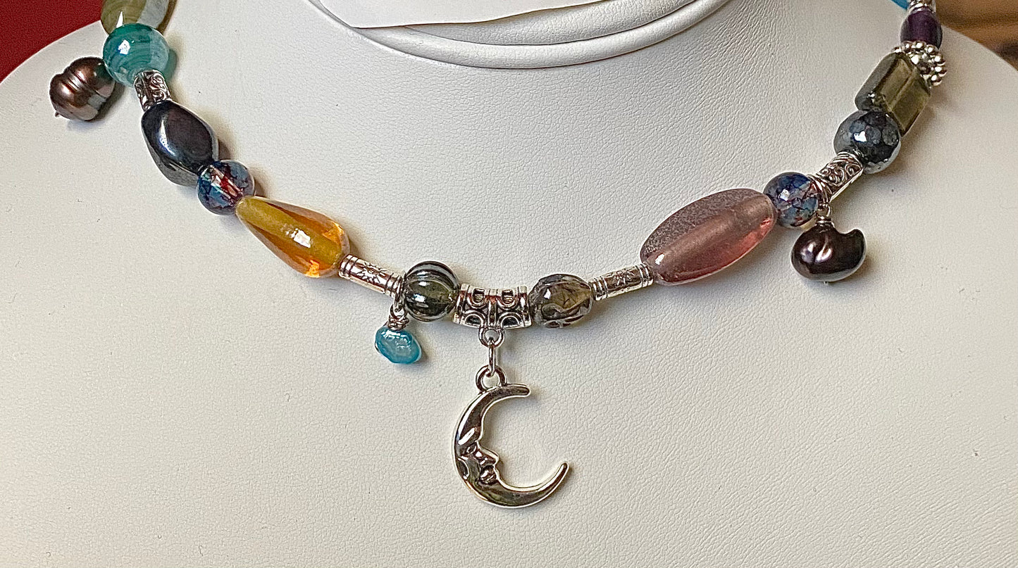 Moon Choker W/ Dangle Freshwater Pearls