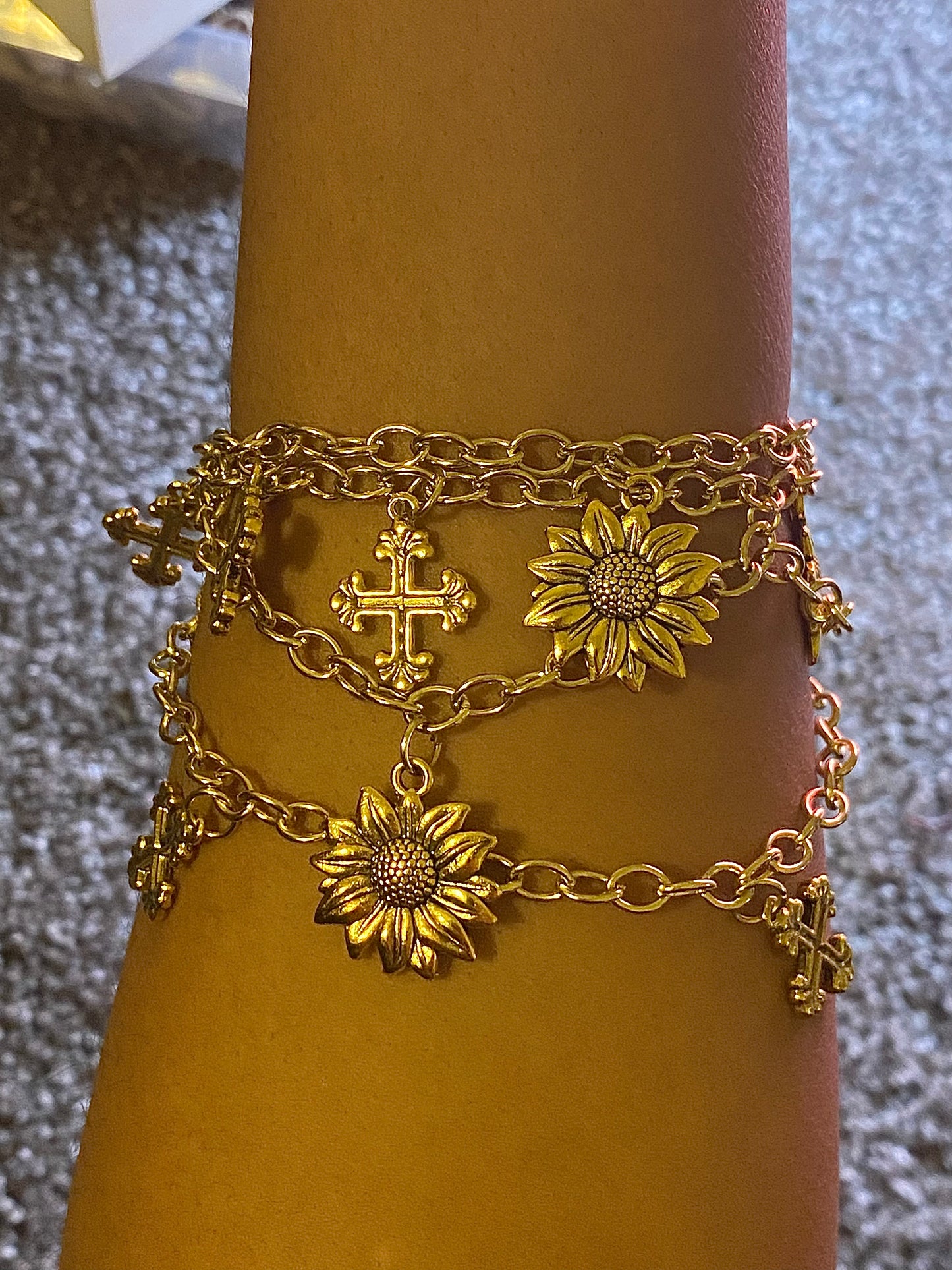 Layered Sunflower & Cross Charm Bracelet