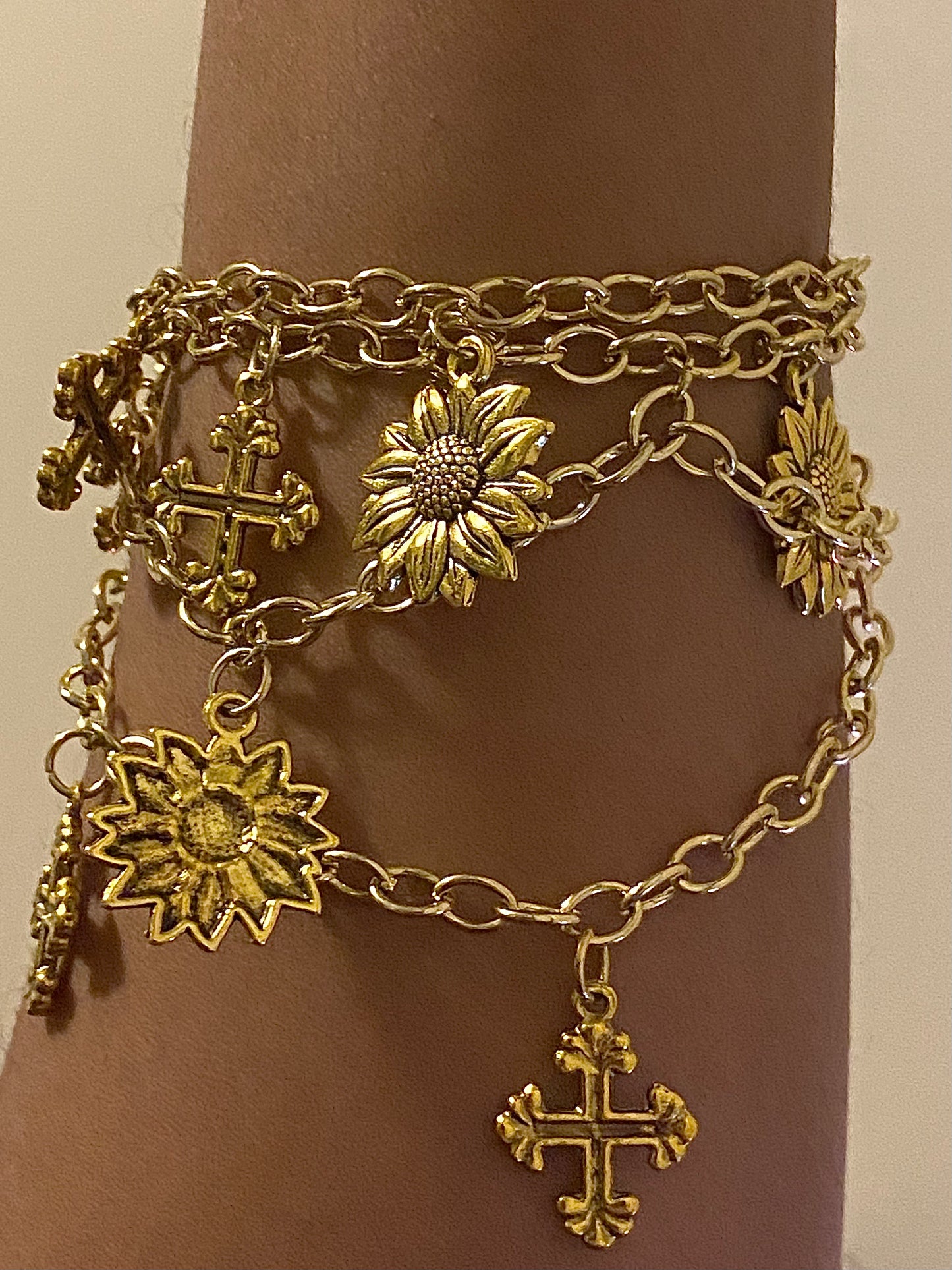 Layered Sunflower & Cross Charm Bracelet