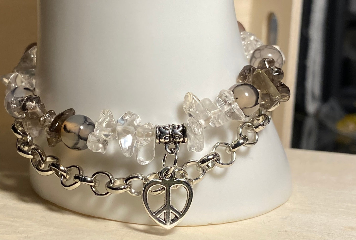Peace Heart Black& Clear Quartz Bracelet