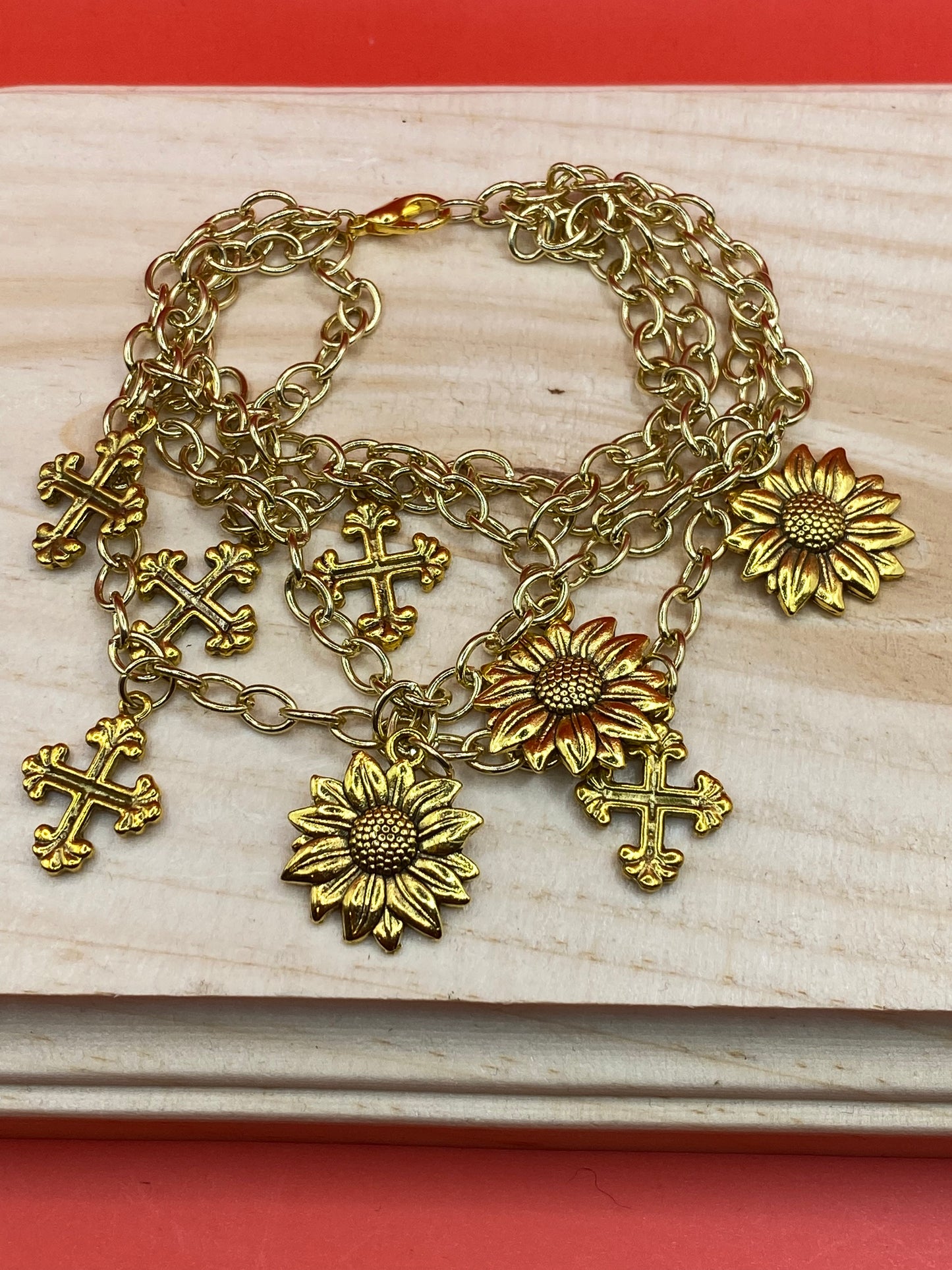 Layered Sunflower & Cross Charm Bracelet