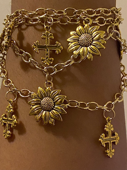 Layered Sunflower & Cross Charm Bracelet