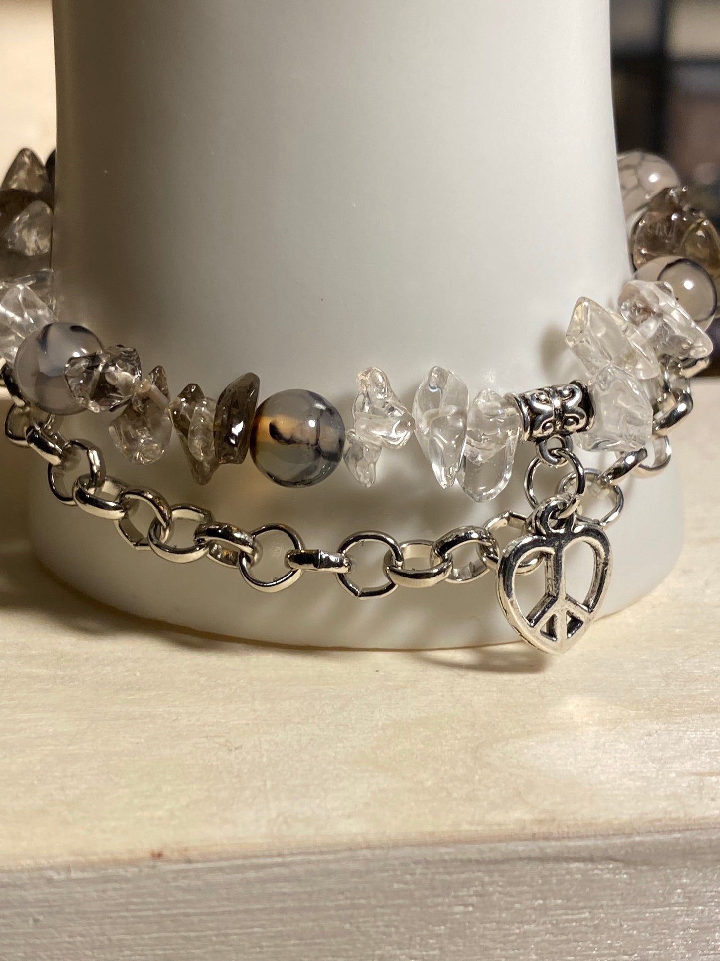 Peace Heart Black& Clear Quartz Bracelet