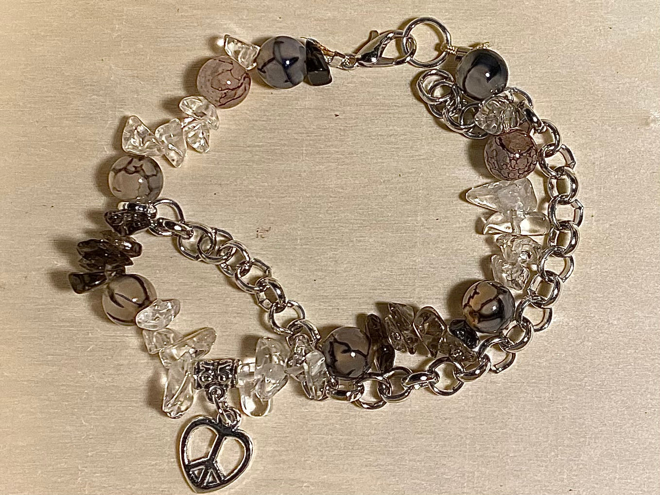 Peace Heart Black& Clear Quartz Bracelet
